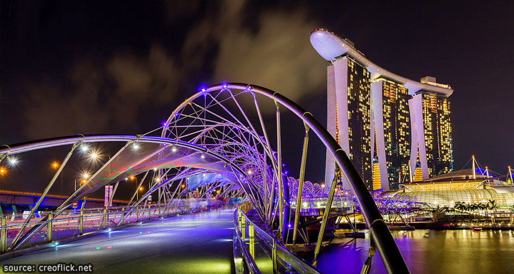 บรรยากาศยามค่ำคืนของสะพานเกลียว ฮีลิกซ์ Helix Bridge