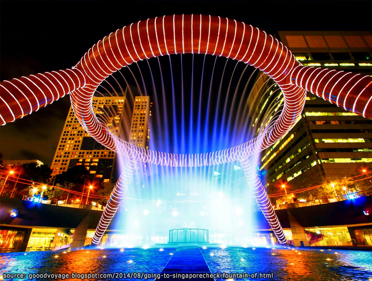 บรรยากาศยามค่ำคืนที่สวยงามของน้ำพุแห่งโชคลาภที่ตึกซันเทค Fountain of Wealth Suntec city