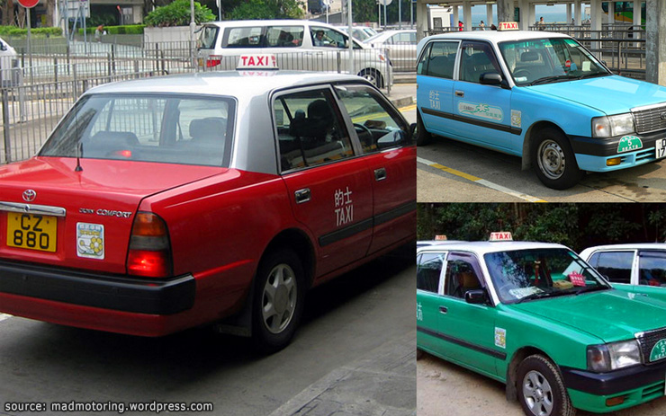 รถแท๊กซี่ในฮ่องกงมี 3 สี แดง เขียว และฟ้า แบ่งตามพื้นที่ในการวิ่ง