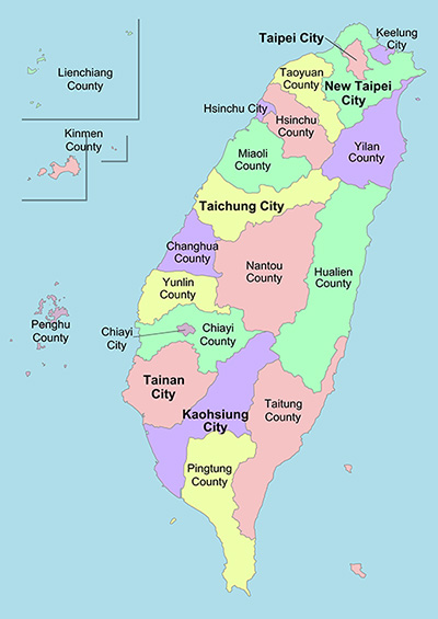 แผนที่จังหวัดต่างๆทั้ง 22 จังหวัดของไต้หวัน