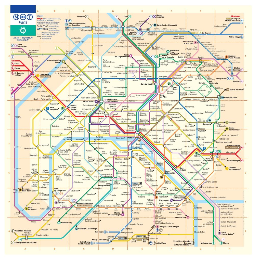 แจกฟรี แผนที่เที่ยวปารีส รถไฟใต้ดิน Metro รถไฟ RER มีชื่อถนน และโซน